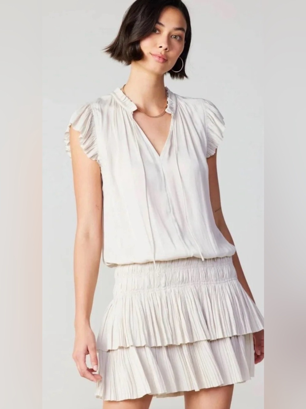 Current Air Cream Pleated Tiered Midi Dress